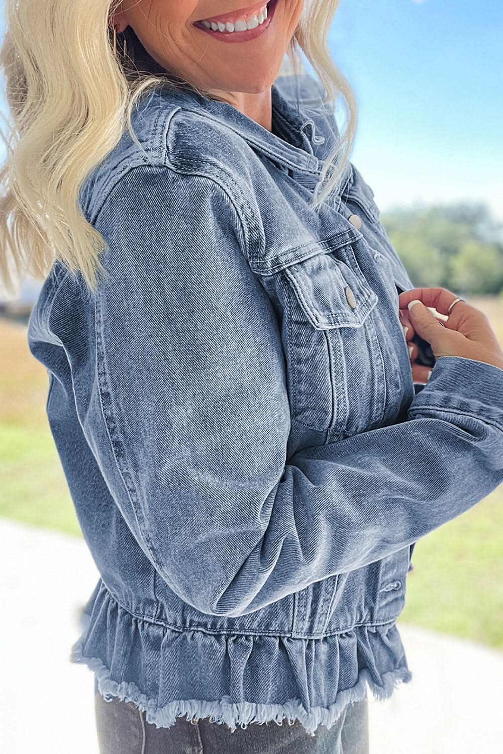 Beau Blue Ruffle Raw Hem Flap Pockets Denim Jacket - Love Salve